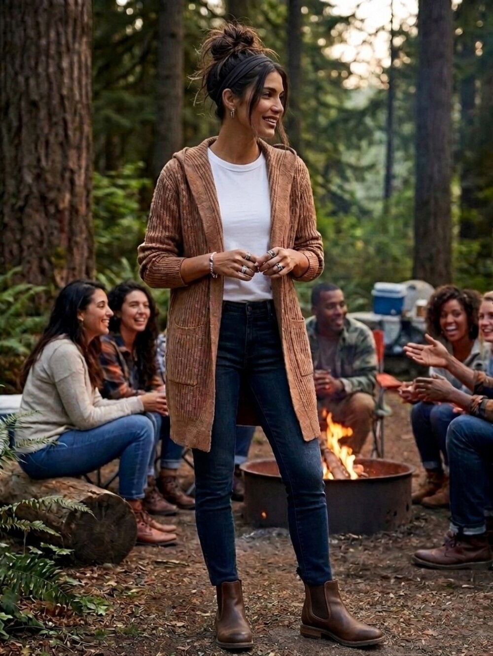 TALULAH Ribbed Hooded Long Cardigan in Camel